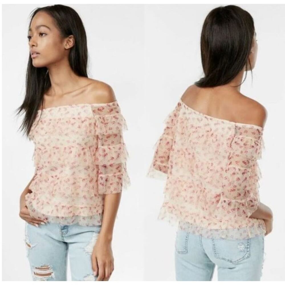 EXPRESS Sheer Tulle Ruffle Top Sz L Coquette Fairy Boho Romantic‎ Rose Bud